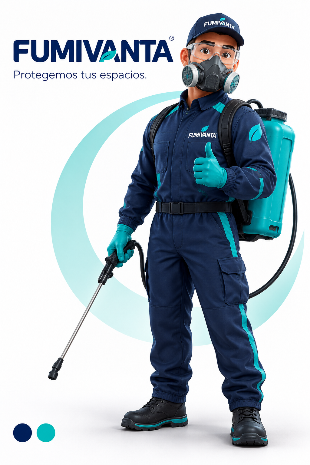 Fumi, mascota de FUMIVANTA, con uniforme azul y turquesa, equipo de fumigación y elementos de protección