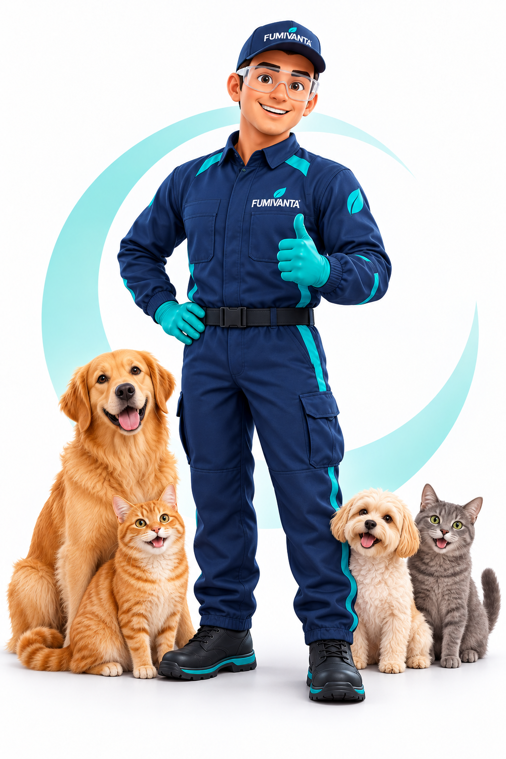Fumi, personaje de FUMIVANTA, rodeado de dos perros y dos gatos, con uniforme azul y turquesa